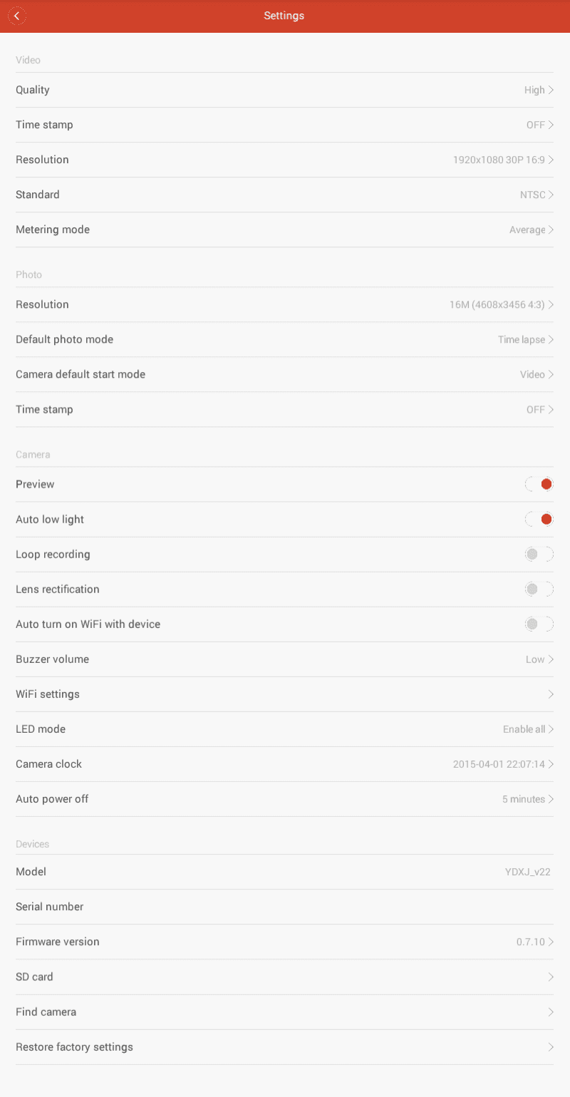 Xiaomi Yi App Menu