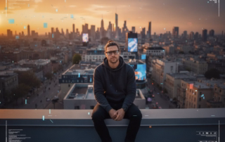 Metropolitan Monkey sitzt mit AI Brille auf dem Dach