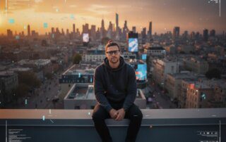 Metropolitan Monkey sitzt mit AI Brille auf dem Dach