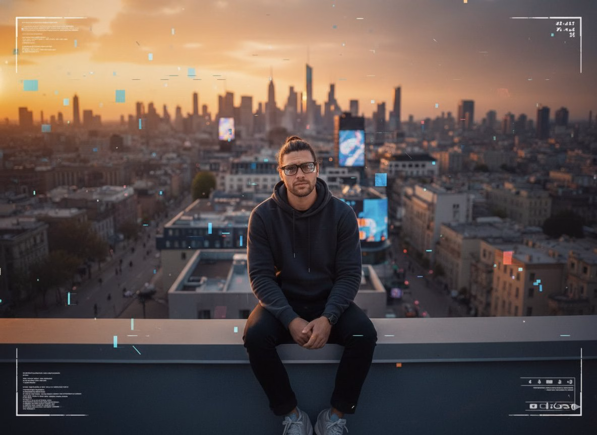 Metropolitan Monkey sitzt mit AI Brille auf dem Dach