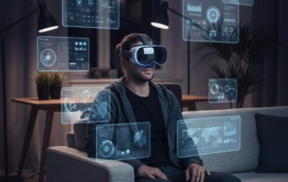 Man in seinem Wohnzimmer und schaut durch seine Apple Vision Pro M5.