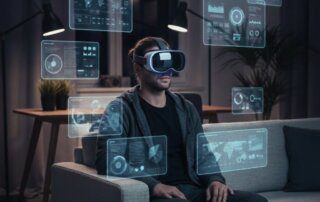 Man in seinem Wohnzimmer und schaut durch seine Apple Vision Pro M5.