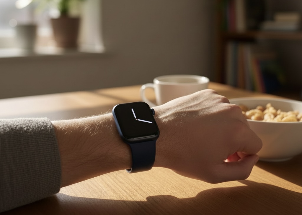 Apple Watch Series 7 in Midnight Blue am Handgelenk, aufgenommen draußen im natürlichen Licht