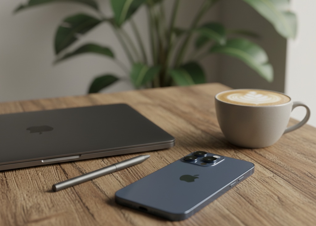 iPhone 15 Pro in Titan Blue auf einem rustikalen Holztisch neben MacBook und Cappuccino