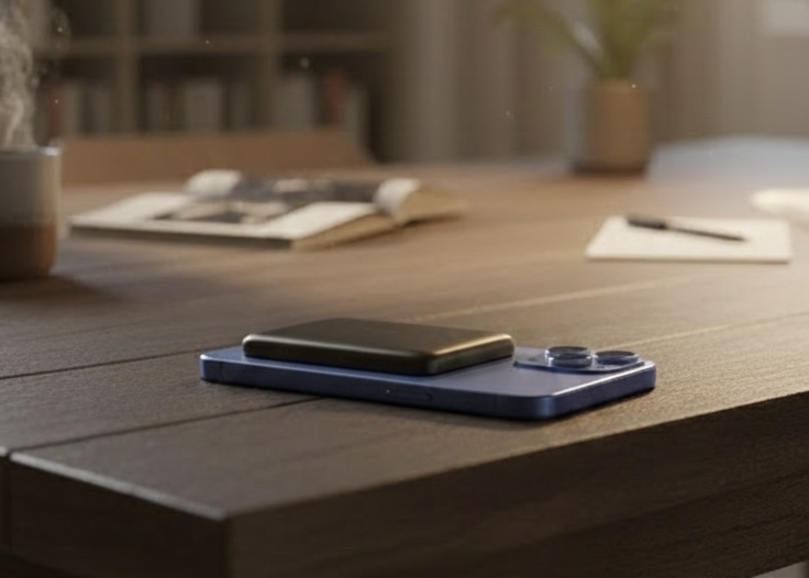 Baseus Powerbank auf einem Holztisch in warmem Tageslicht