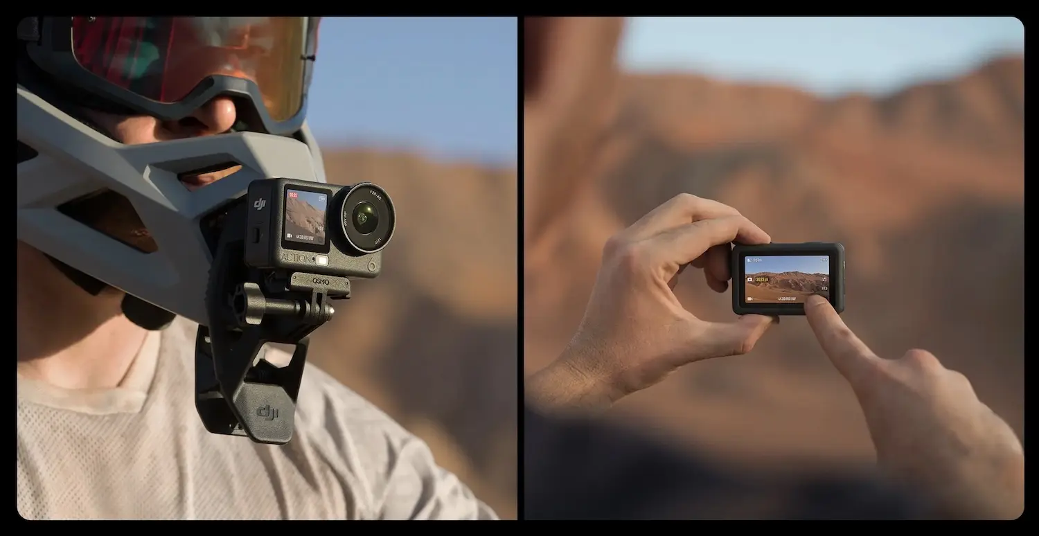 DJI Osmo Action 6 Display am Helm und das Display in der prallen Sonne.