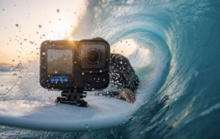 GoPro HERO13 Black auf einem Surfboard in einer Welle.