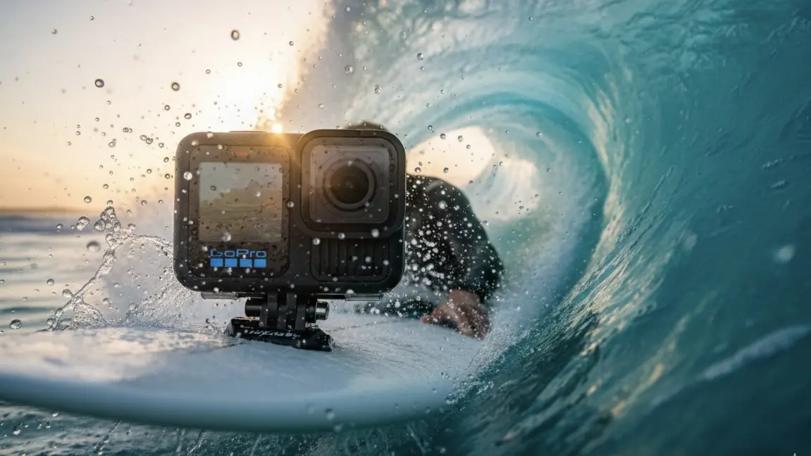 GoPro HERO13 Black auf einem Surfboard in einer Welle.