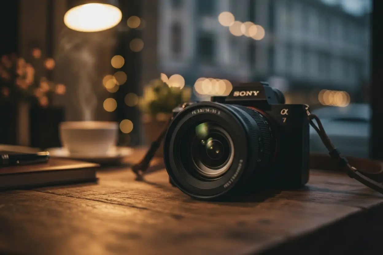 Sony a7 V auf dem Tisch im Café.