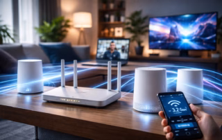 Wifi7 Router Mesh verbindet sich mit Smartphone Laptop und TV per WLAN.