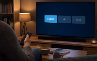 Person mit Fernbedienung vor einem Fernseher, auf dem Full HD aktiv und 4K sowie HDR ausgegraut sind.