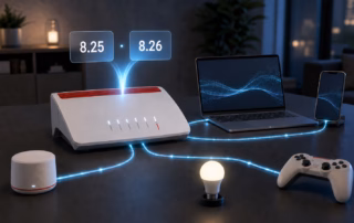 Neutraler WLAN-Router während eines Firmware-Updates auf 8.25 und 8.26 mit verbundenen Heimnetzgeräten.