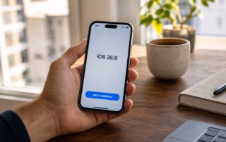 Hand hält ein iPhone mit iOS 26.6 und der Schaltfläche „Jetzt installieren“ an einem hellen Arbeitsplatz.
