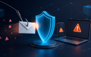 Illustration: Ein Schutzschild stoppt eine Phishing-Mail mit Angelhaken vor Smartphone und Laptop
