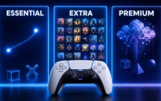 PlayStation-Controller vor den drei PS-Plus-Tarifen Essential, Extra und Premium