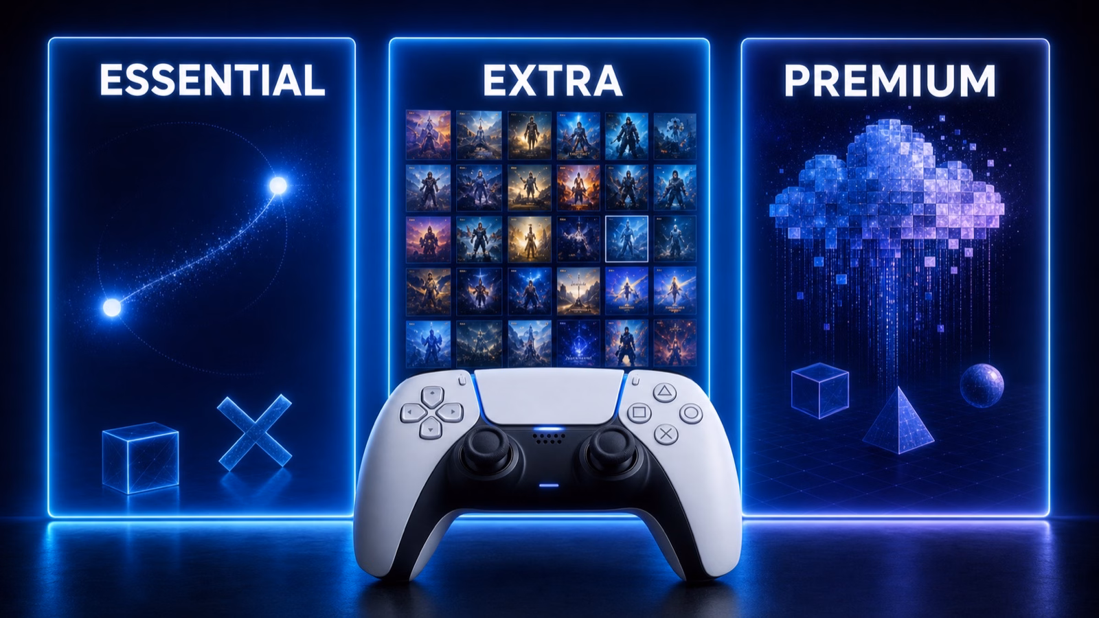 PlayStation-Controller vor den drei PS-Plus-Tarifen Essential, Extra und Premium