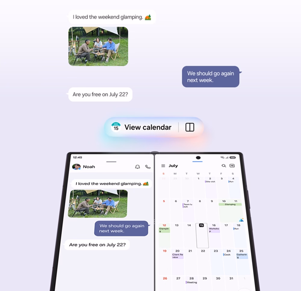 Galaxy Z Fold8 Ultra mit Messenger und Kalender gleichzeitig auf dem großen Innendisplay
