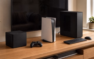 Kompakter schwarzer Gaming-PC und weiße Spielkonsole stehen mit Controller und Tastatur nebeneinander auf einem Holzboard.