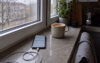 Smartphone mit geöffnetem Systemupdate am regnerischen Küchenfenster