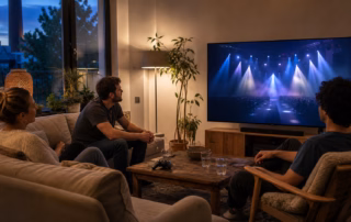 Drei Freunde verfolgen abends einen Gaming-Livestream auf einem Fernseher