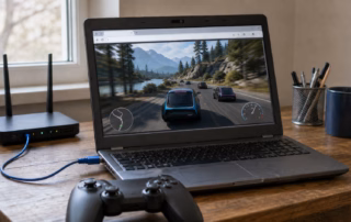 Älteres Notebook streamt ein Rennspiel direkt im Browser über eine Ethernetverbindung