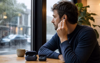 Mann vergleicht in einem Café zwei Generationen kabelloser In-Ear-Kopfhörer