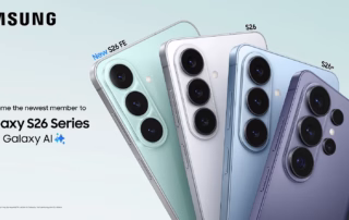 Samsung Galaxy S26 FE neben Galaxy S26, Galaxy S26 Plus und Galaxy S26 Ultra