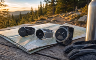 Drei Smartwatches auf einer Wanderkarte im morgendlichen Outdoor-Einsatz