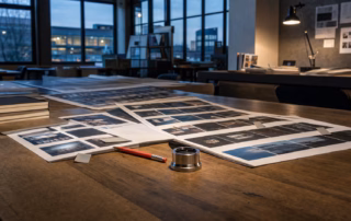 Redaktionsarbeitsplatz mit Fotobögen und Markierungszetteln zur Prüfung von KI-Inhalten
