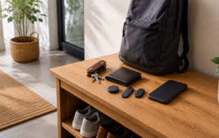 Drei generische Bluetooth-Tracker neben Schlüsseln, Geldbörse, Rucksack und Smartphone