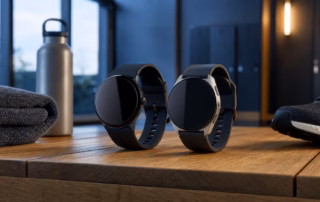 Zwei generische runde Smartwatches liegen als gleichwertige Alternativen auf einer Umkleidebank.