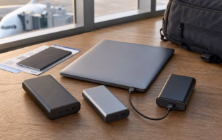 Drei Laptop-Powerbanks neben Notebook und Rucksack an einem Flughafenfenster