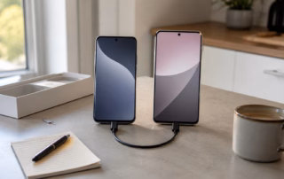 Zwei per USB-C-Kabel verbundene Smartphones beim Datenumzug mit Checkliste