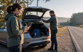 Zwei Menschen prüfen an einem Auto am Waldrand eine Notfallwarnung auf dem Smartphone und bereiten eine Tasche vor