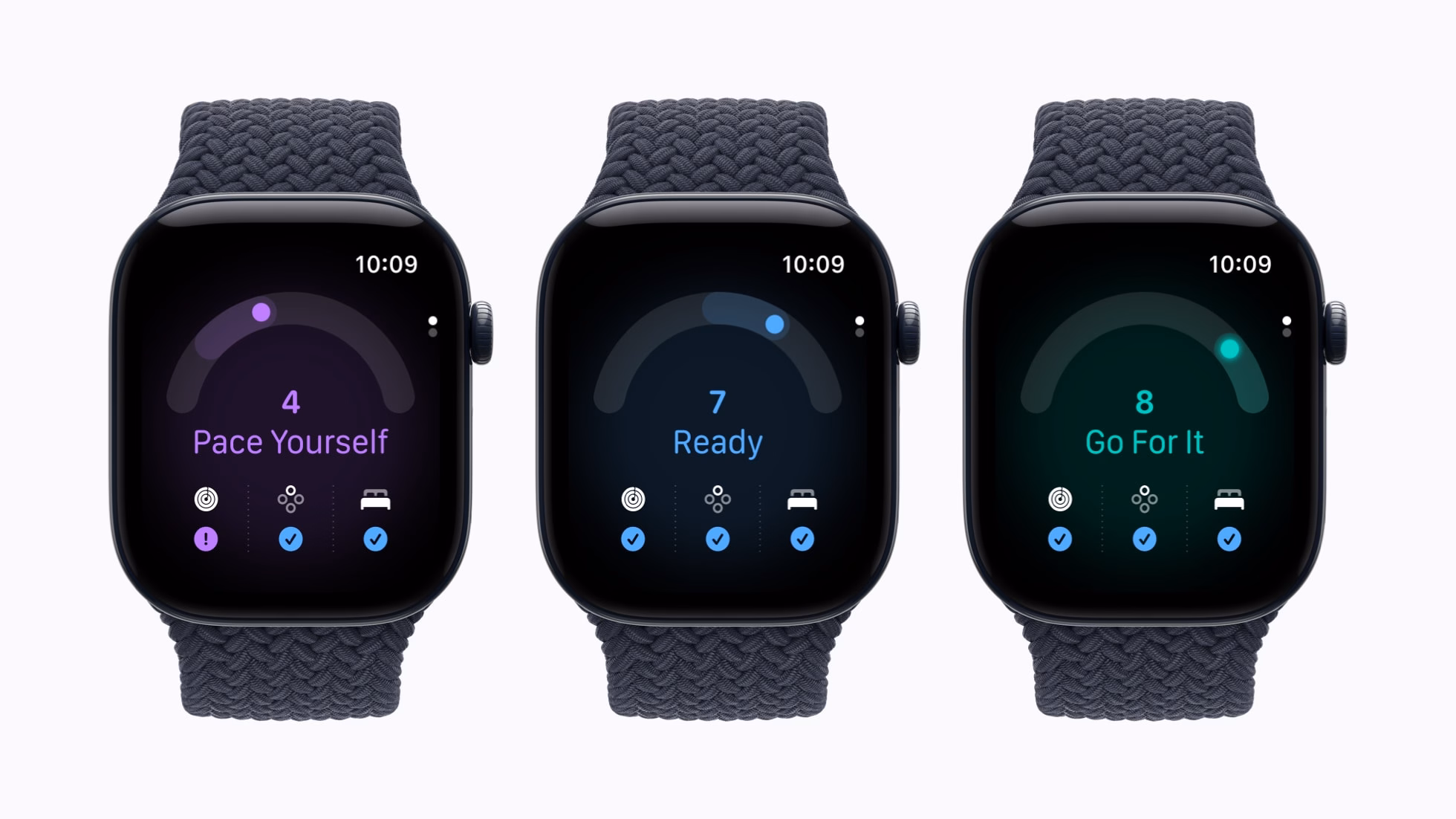 Drei Apple Watch Series 12 mit Readiness-Werten 4, 7 und 8