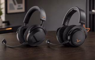 beyerdynamic MMX 100 wireless und MMX 150 wireless nebeneinander auf einem dunklen Holztisch
