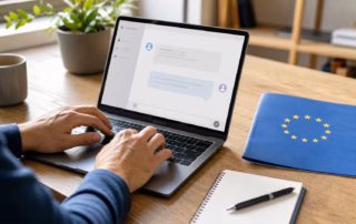 Person tippt an einem Laptop mit generischer KI-Chatansicht neben einem blauen Ordner mit EU-Sternen