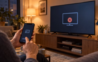 Person versucht erfolglos, ein Video vom Smartphone auf einen Fernseher zu übertragen.
