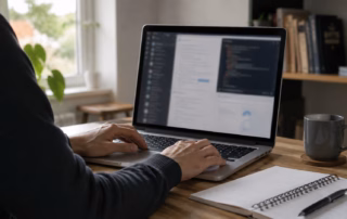 Person arbeitet an einem Laptop mit generischer KI-Arbeitsoberfläche in einem hellen Homeoffice