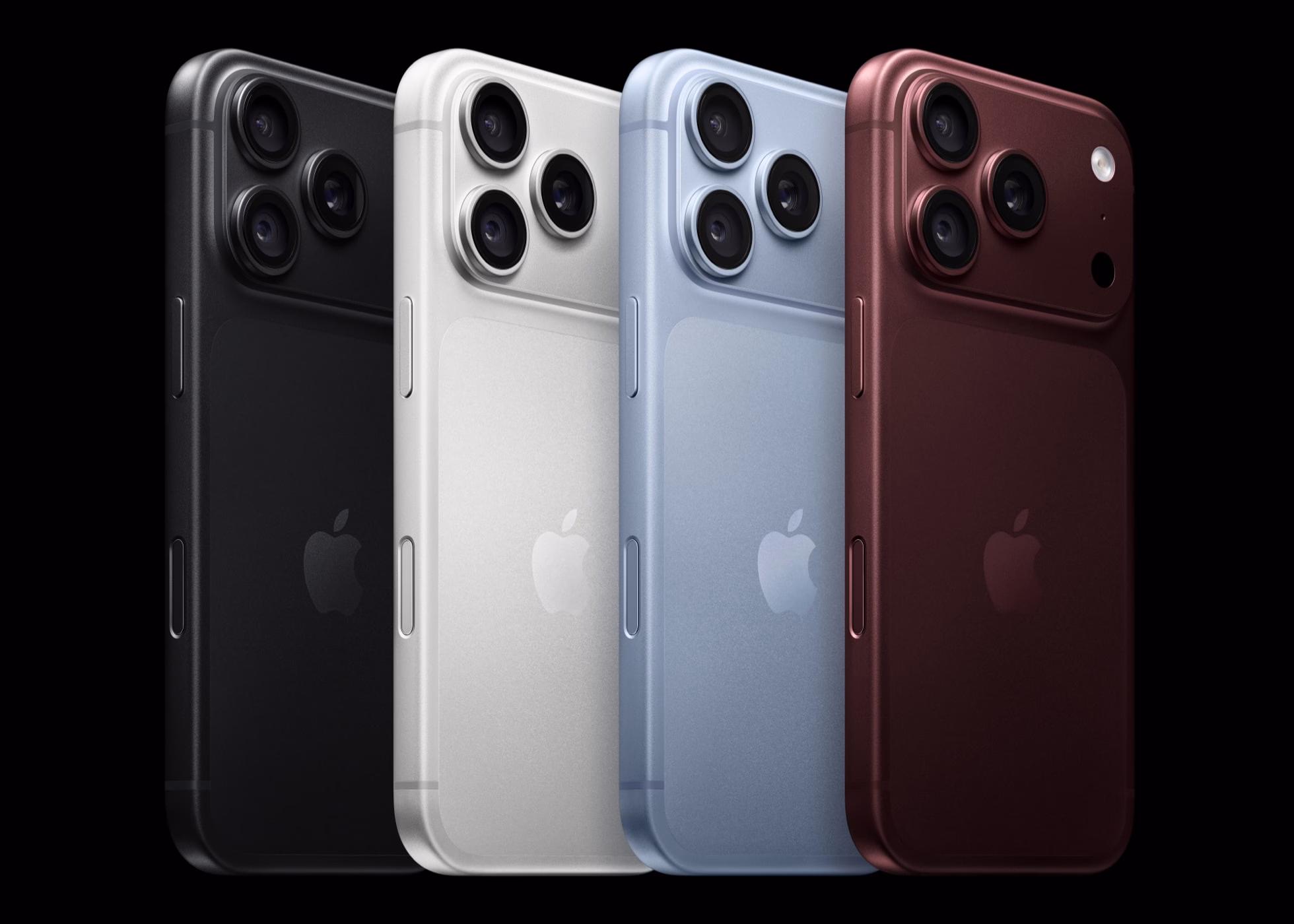 Vier iPhone-18-Pro-Modelle in Schwarz, Silber, Glacier und Burgund von hinten