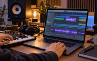 Musikproduzent bearbeitet auf einem Laptop gezielt einen Abschnitt eines KI-generierten Songs
