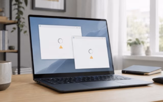 Laptop mit zwei nicht startenden Kommunikations-Apps und Warnsymbolen
