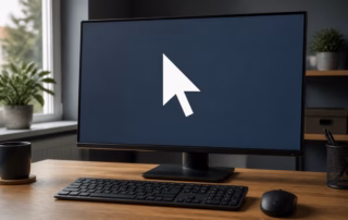 Großer weißer Mauszeiger auf einem Monitor an einem Arbeitsplatz