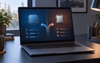 Generischer Laptop mit zwei schematisch dargestellten Prozessorarchitekturen