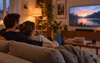 Paar auf dem Sofa schaut auf einen Fernseher mit einer Landschaftsszene