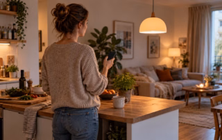 Frau mit Smartphone in einer Wohnküche mit eingeschalteter Pendelleuchte