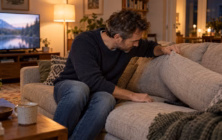Mann sucht im Wohnzimmer eine Fernbedienung zwischen den Sofakissen